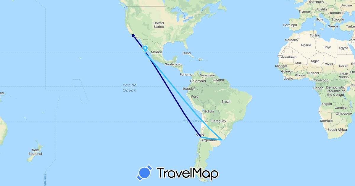 TravelMap itinerary: driving, boat in Argentina, Chile, Mexico, United States, Uruguay (North America, South America)